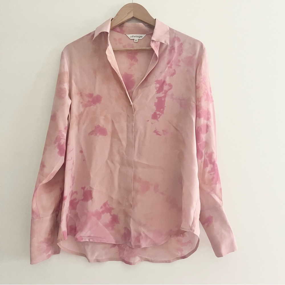 CatherineGee 100% Silk Daria Blouse Top Pink Tie Dye Boxy Greece Inspired S